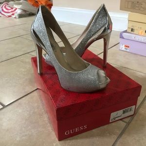 silver glitter very high GUESS heels